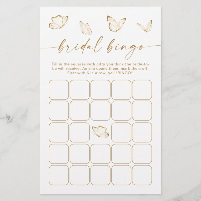 Vit och Guld Fjärils Bröllopsdusch Bingo Spel (Framsida)
