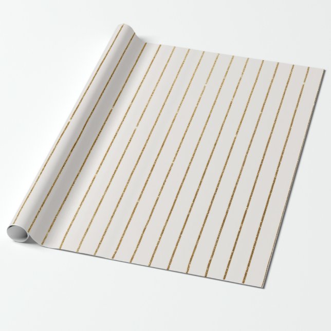 Vit och guld glitterrand ,Guld Pinstripe  Presentpapper (Utrullad)