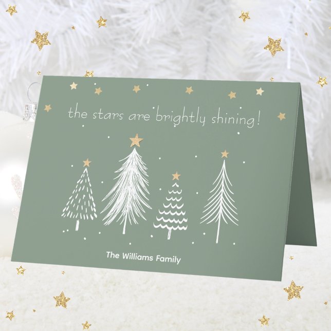 Vit- och Guld-jul med Familj Namn Grönt Helgkort (White and Gold Christmas with Family Name Green Holiday Card)