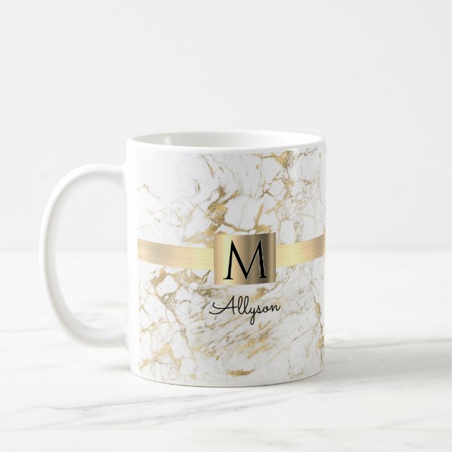 Vit och Guld Marble, skript Namn & Monogram Kaffemugg (Vänster)