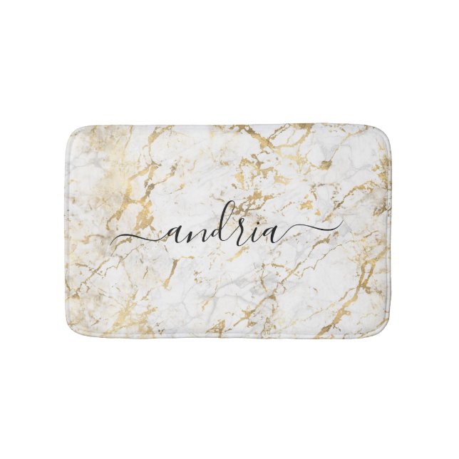 Vit och Guld Marble, Svart skript Namn Badrumsmatta (Framsidan)