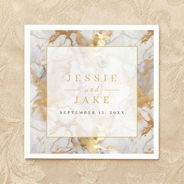 Vit och guld marmor Bröllop Pappersservett (White and gold marble Wedding Napkins)