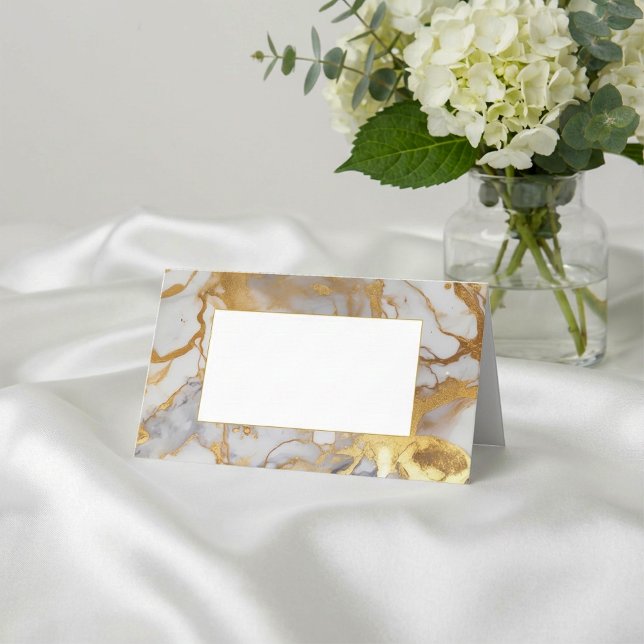 Vit och guld marmor ram gäst namn platskort placeringskort (White and gold marble frame guest name place card.)