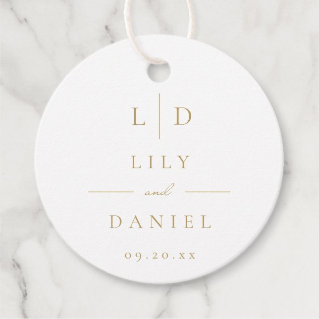 Vit och guld minimalistisk elegant monogram bröllo gåvor etiketter (Framsida)