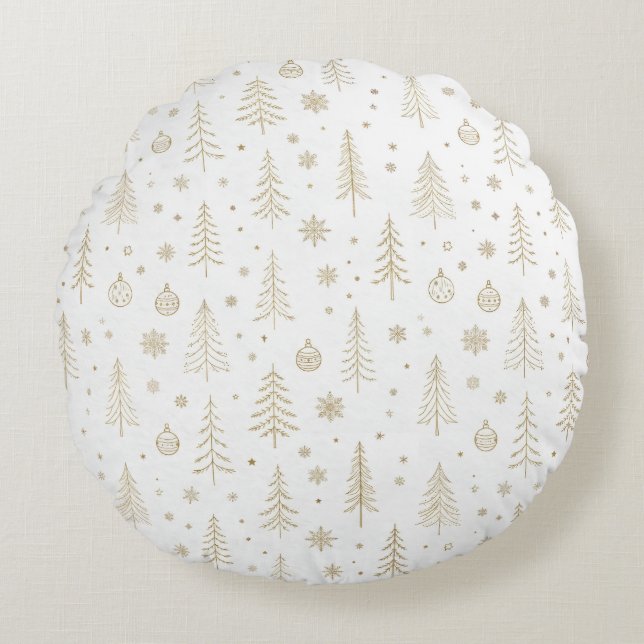 Vit och guld minimalistisk jul, skandinavisk rund kudde (Framsidan)