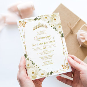 Vit och guld Quinceañera-inbjudan Inbjudningar