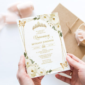 Vit och guld Quinceañera-inbjudan Inbjudningar