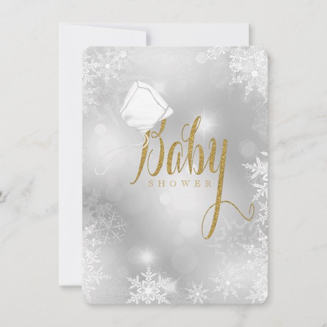 Vit och guld snöflinga baby shower inbjudningar (Framsida)