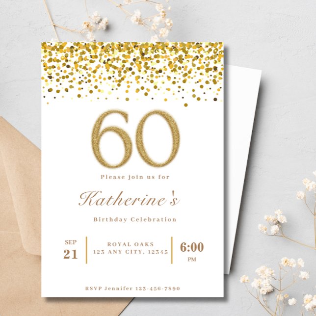 Vit och Guld Typografi 60:e moderna födelsedagen Inbjudningar (Skapare uppladdad)