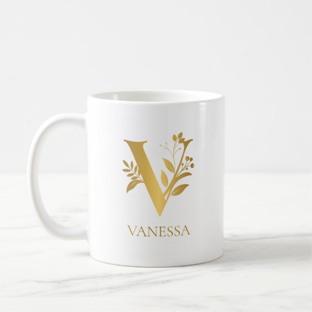 Vit Och Guld Typografi Monogramnamn Kaffemugg (Vänster)