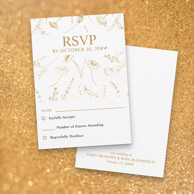 Vit och guldskiss av vildblomma för bröllops-RSVP OSA Kort (RSVP Card in White & Gold, from my Wildflower Sketch collection)
