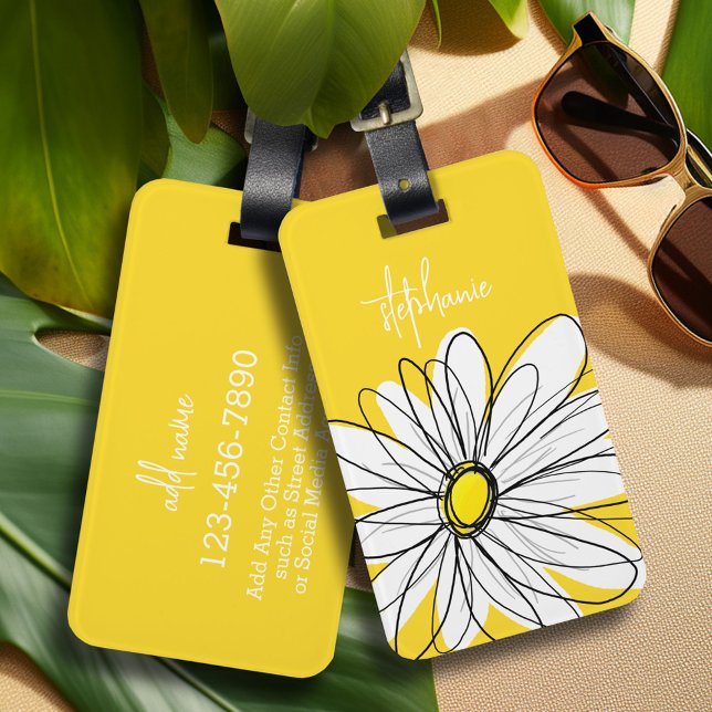 Vit och Gult Anpassningsbar för visuell Daisy Bagagebricka (Whimsical Daisy personalized luggage tag)