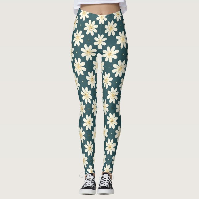 Vit- och Gult-blomman mönster Leggings (Framsida)