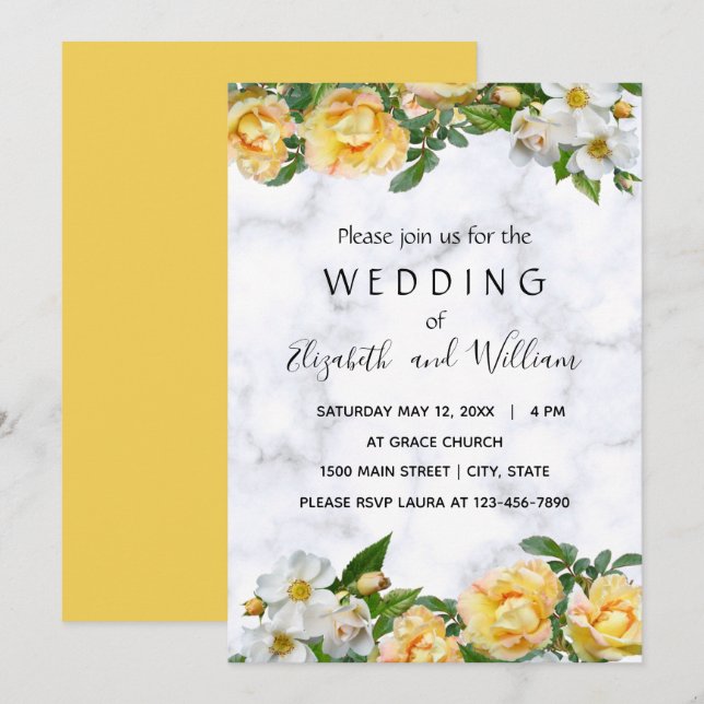 Vit och Gult Blommar Fintvätt Bröllop Inbjudningar (Fram/baksida)
