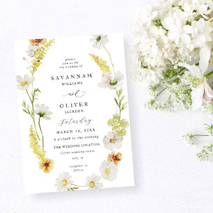 Vit och Gult Blommigt Bröllop Inbjudningar