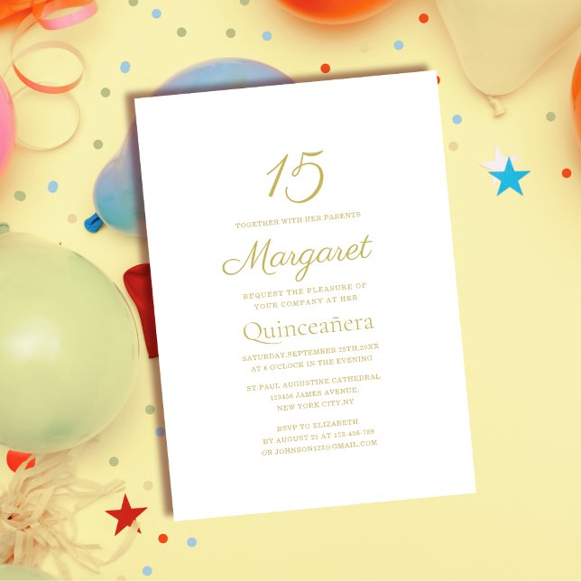 vit och gyllene klassisk elegant quinceañera inbjudningar (Skapare uppladdad)