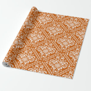 Vit och Halloween orange Blommigt Damask Mönster Presentpapper
