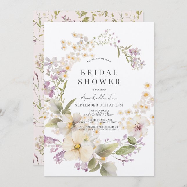 Vit och Lila Blommigt Möhippa för vattenfärg Inbjudningar (Fram/baksida)