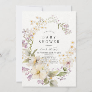 Vit och Lila Blommigt Vattenfärgsbabyskor Inbjudningar