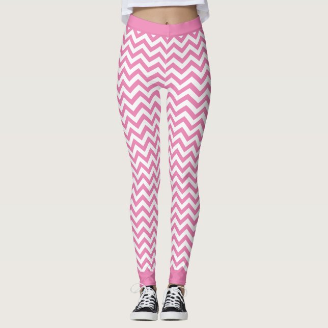 Vit och Ljus rosa Chevron Mönster Leggings (Framsida)