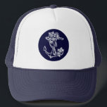 Vit och marin blå Blommigt Nautical Boat Anchor Truckerkeps<br><div class="desc">Enkelt illustration av sjöbåtens sjöfartygsankare med marin blå och vit blommigt.</div>