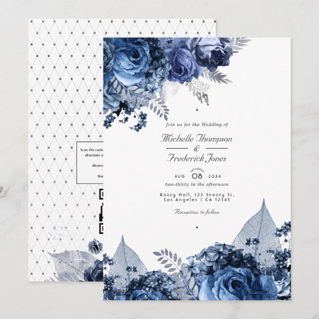 Vit och marin med inbjudan till Silver Foil Weddin (Fram/baksida)