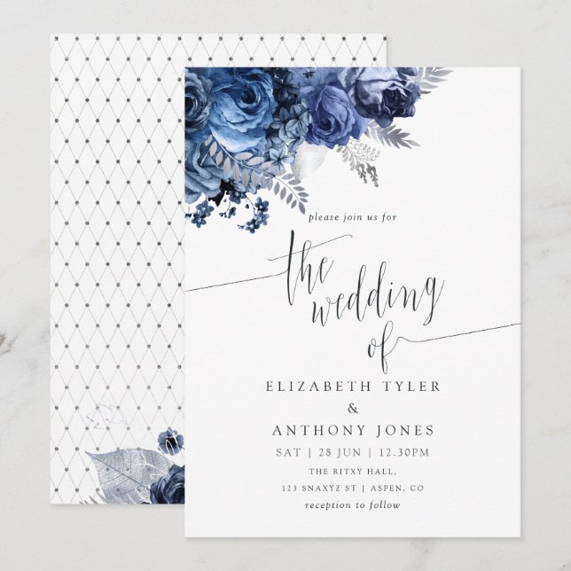 Vit och marin med inbjudan till Silver Foil Weddin (Fram/baksida)