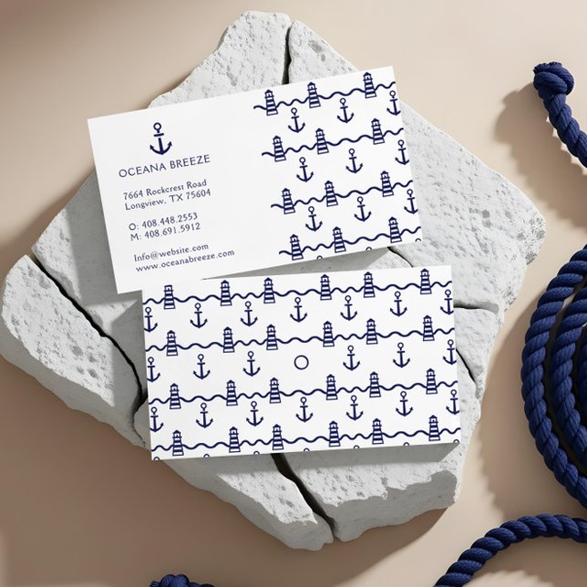 Vit och marinanchor fyr Mönster Visitkort (White & Navy Nautical Anchor Lighthouse Pattern Business Card)