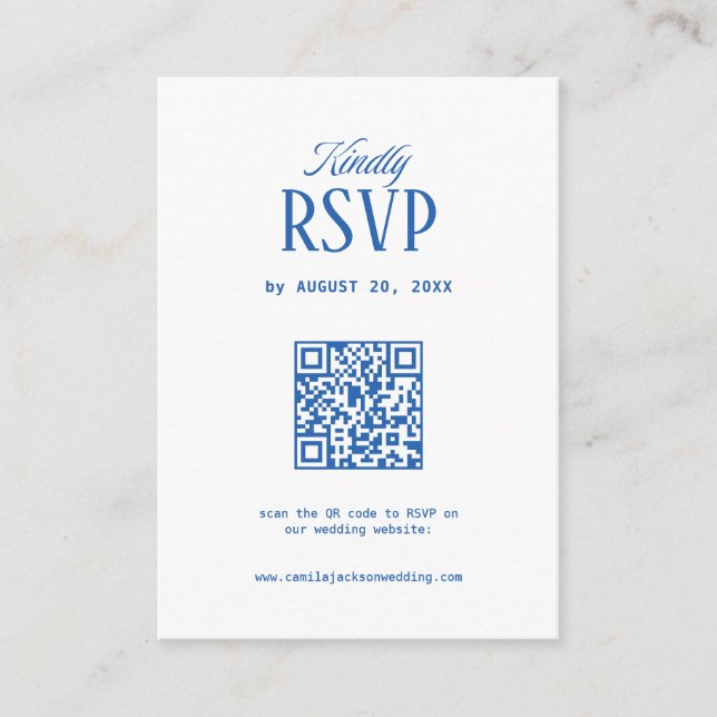 Vit och marinblå bröllops-rsvp-qr-kod tilläggskort (Framsida)