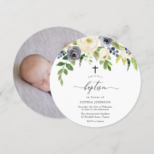 Vit- och marinblommor, Baby-foto-baptism Inbjudningar