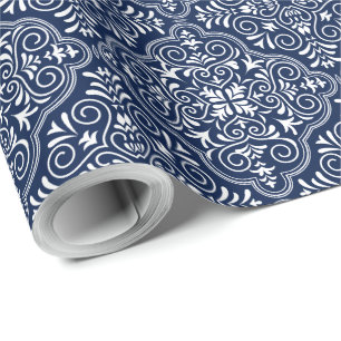Vit och Midnight Blue Moroccan Geometric Mönster Presentpapper