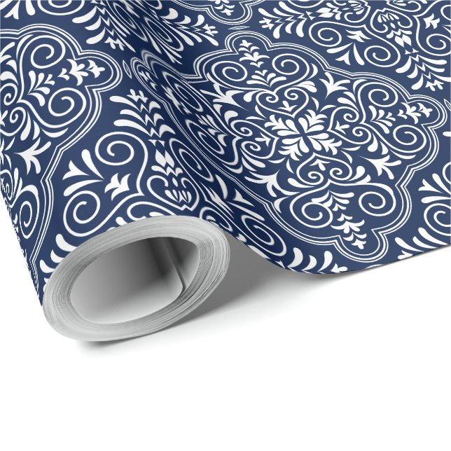 Vit och Midnight Blue Moroccan Geometric Mönster Presentpapper (Rullad Hörn)