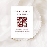 Vit och Mörk röd text | Bröllop QR-kod OSA Kort<br><div class="desc">Det här minimalistiska svarskortet QR-bröllop som kan skannas och skannas i elegant har en röd mörk i vit bakgrund,  vilket ger ett enkelt utseende och snyggt. Dina gäster kan enkelt söka igenom koden för att besöka webbplatsen för bröllop och onlinen för osa.</div>
