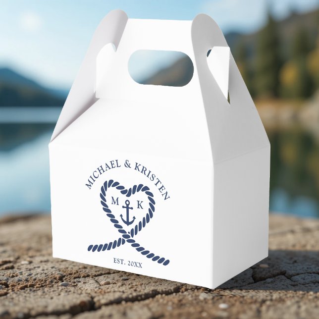 Vit och nautisk blå rope Heart Anchor Bröllop Presentaskar (White & Nautical Blue Rope Heart Anchor Wedding Favor Boxes
)
