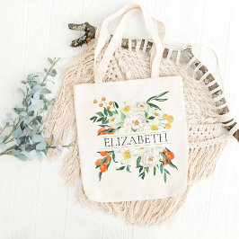 Vit och Orange Blommigt Bridesmaid Monogram Namn Tygkasse