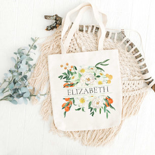 Vit och Orange Blommigt Bridesmaid Monogram Namn Tygkasse