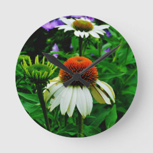Vit och orange ConeFlowers Rund Klocka