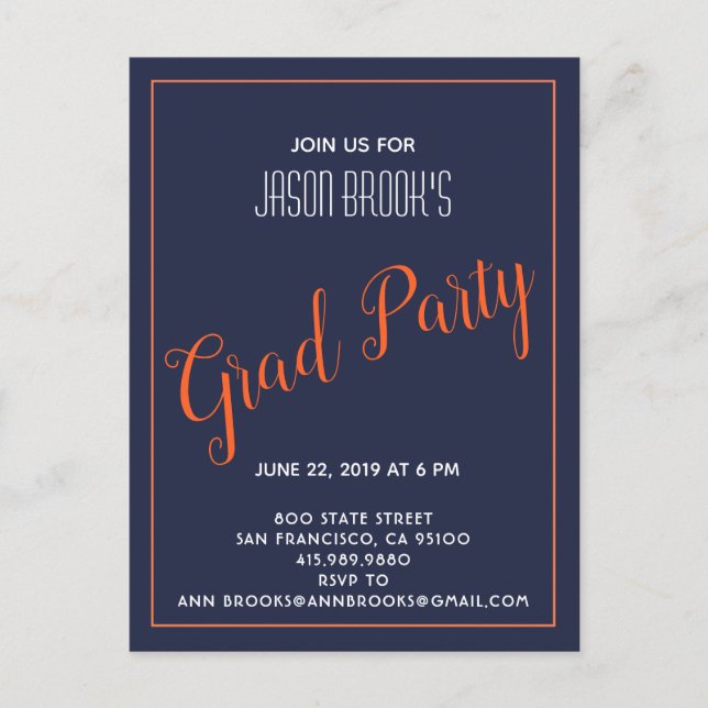 Vit Och Orange På Svart Examenfest Meddelande Vykort (Framsida)