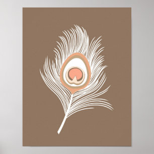 Vit och persiko Peacock Feather på Taupe Tan Poster