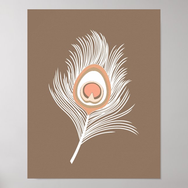 Vit och persiko Peacock Feather på Taupe Tan Poster (Framsidan)