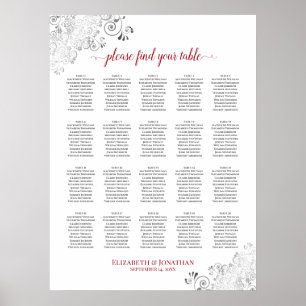 Vit och röd 20 Bord frilly Bröllop-sittplatsplan Poster