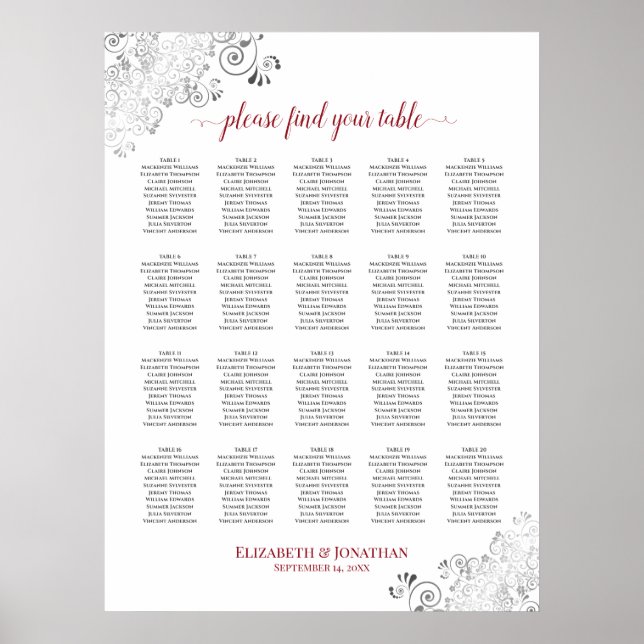 Vit och röd 20 Bord frilly Bröllop-sittplatsplan Poster (Framsidan)
