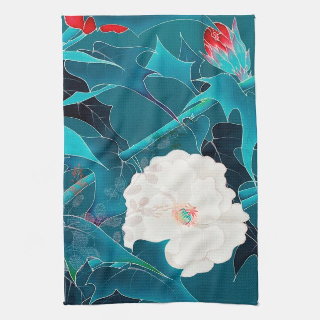 Vit och röd blomma, japansk design kökshandduk (Vertikal)