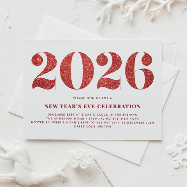 Vit och Röd Glitter 2022 Nyårsafton Fest Inbjudningar (Customizable 2026 New Year's Eve party invitation featuring faux red glitter.)