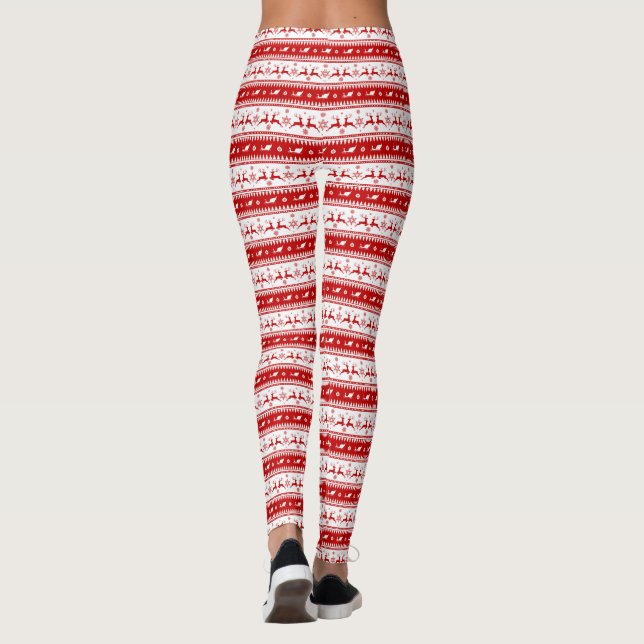 Vit och röd jul, Hjort och Sleigh Mönster Leggings (Baksida)