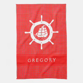 Vit och röd polkadot med nautiskt fartygshjul kökshandduk