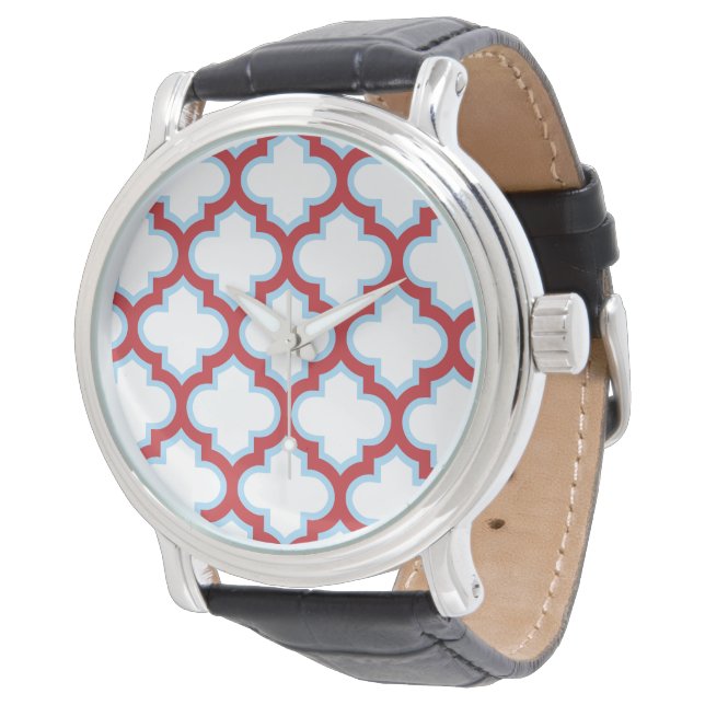 Vit och röd spaljé, gitter, fyrklöver armbandsur (Vinklad)