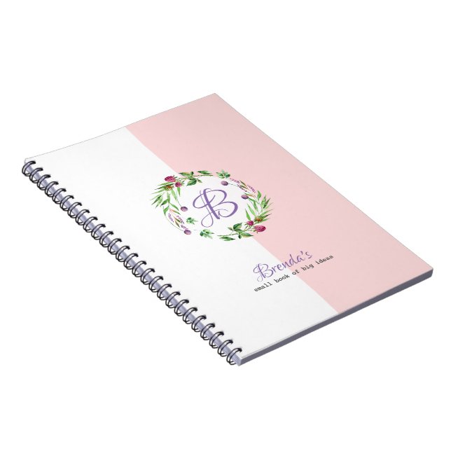 Vit och rosa bakgrund med blomsterkrans anteckningsbok (Högra Sidan)