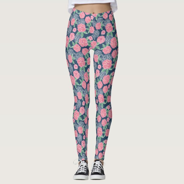Vit och rosa Blå blomsterblått Leggings (Framsida)