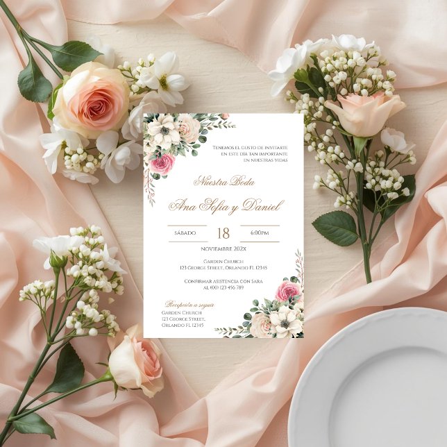Vit och rosa blomsterliknande spansk bröllopsfest inbjudningar (Skapare uppladdad)